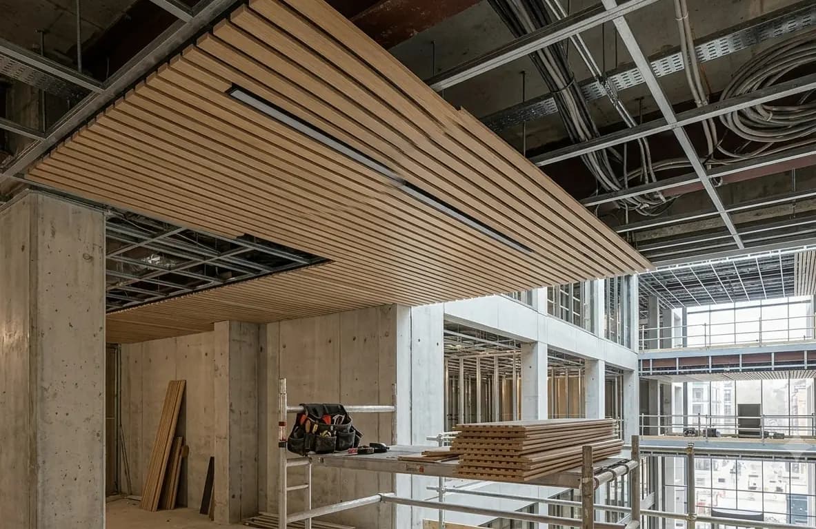 Timber ceiling framework being set out on site