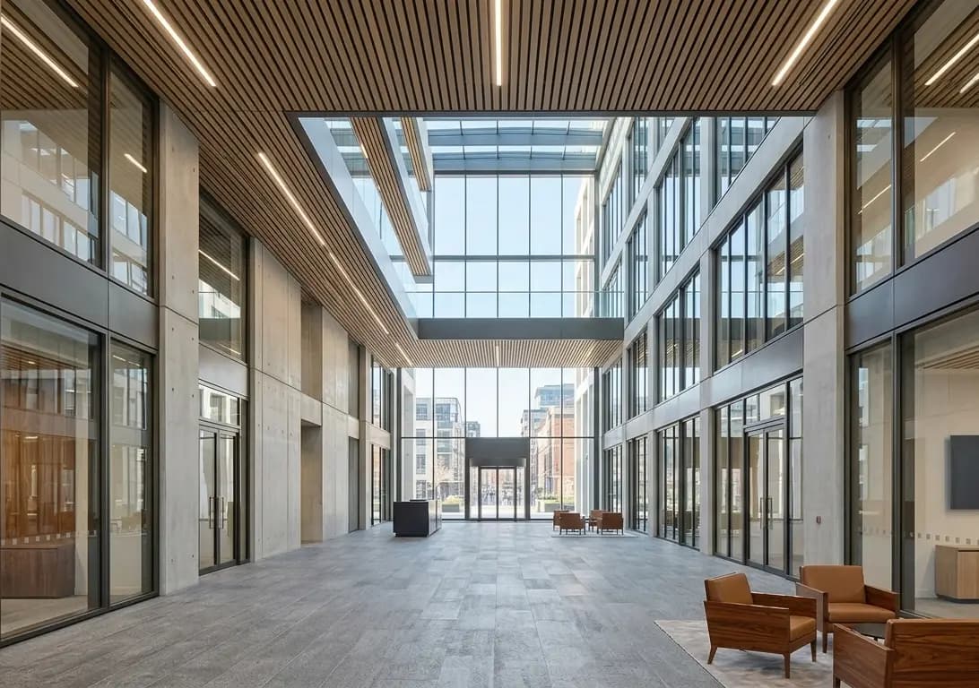 Completed timber ceiling system with full tile installation
