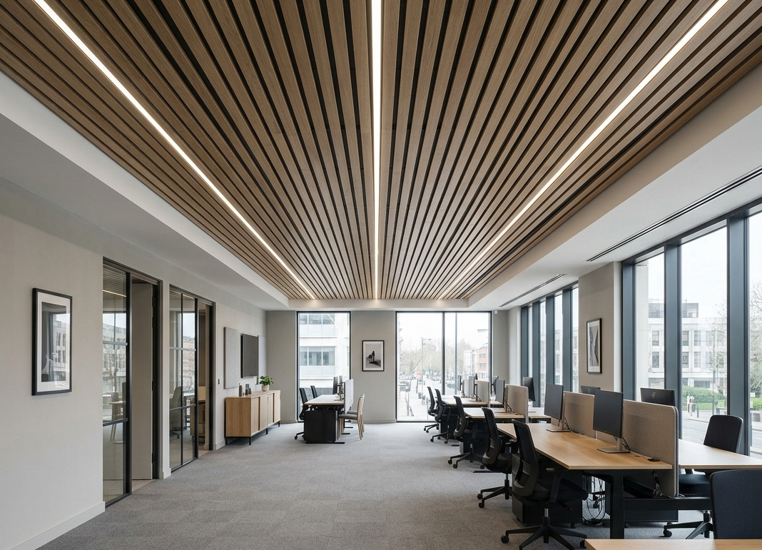 Commercial office with timber slat suspended ceiling and integrated lighting