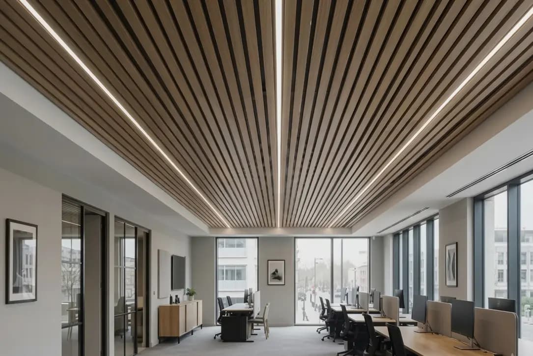 Completed suspended ceiling installation across a finished commercial office floor