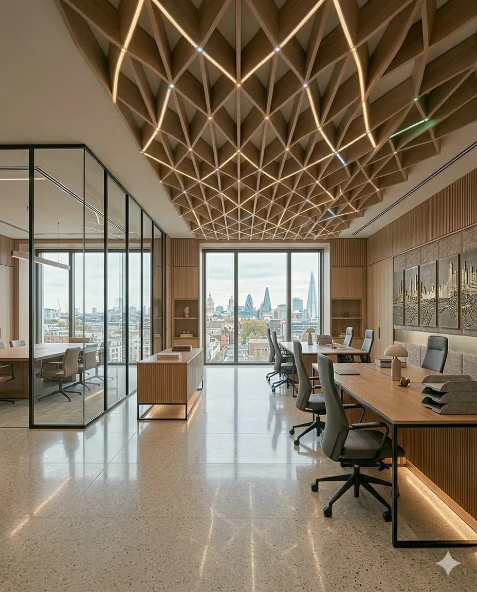 Commercial open-plan office with precision suspended ceiling grid and integrated lighting