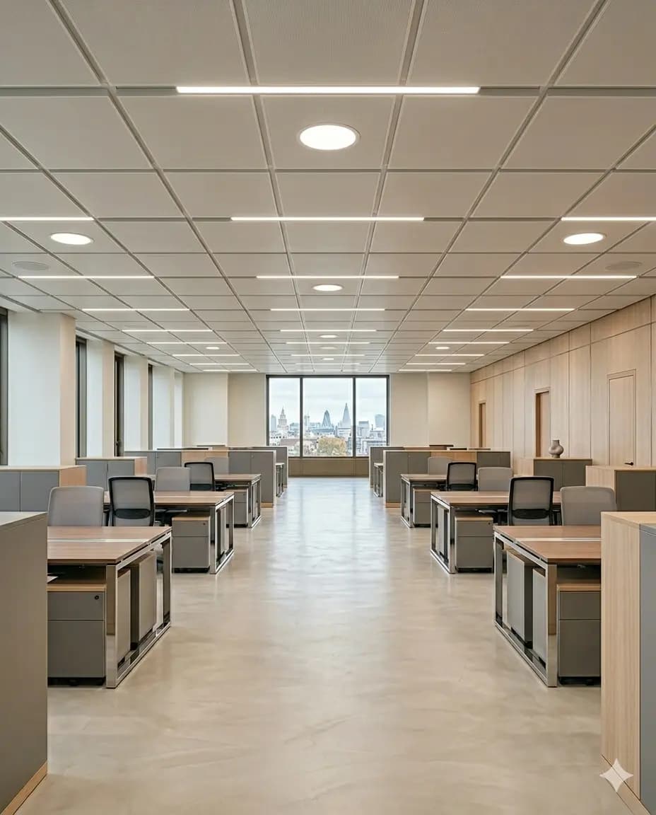 Completed open-plan commercial office with clean drylining and suspended ceiling grid