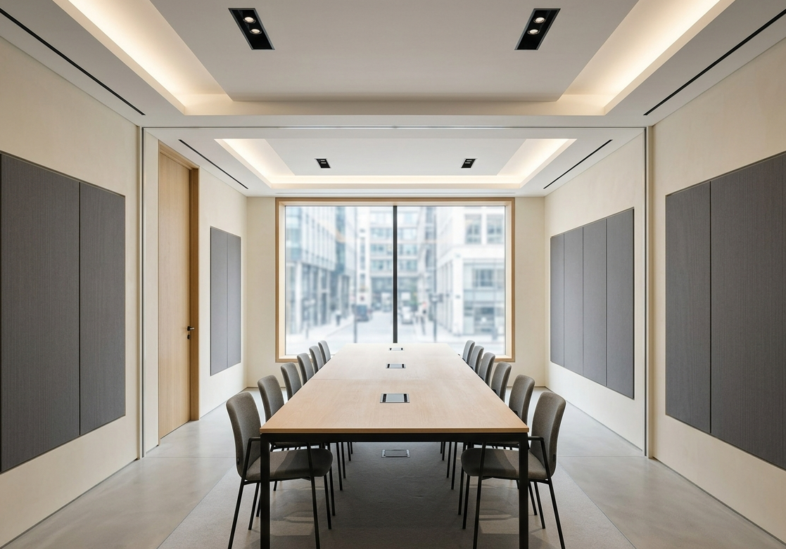 Premium boardroom with acoustic wall panels and feature ceiling