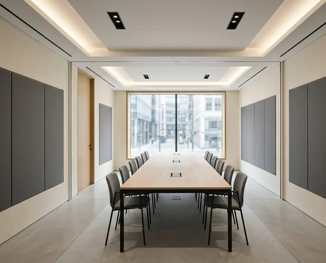 Premium boardroom with acoustic wall panels and feature ceiling