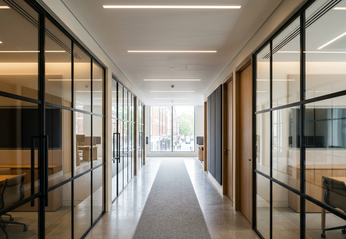 Glass partition corridor in completed commercial office interior