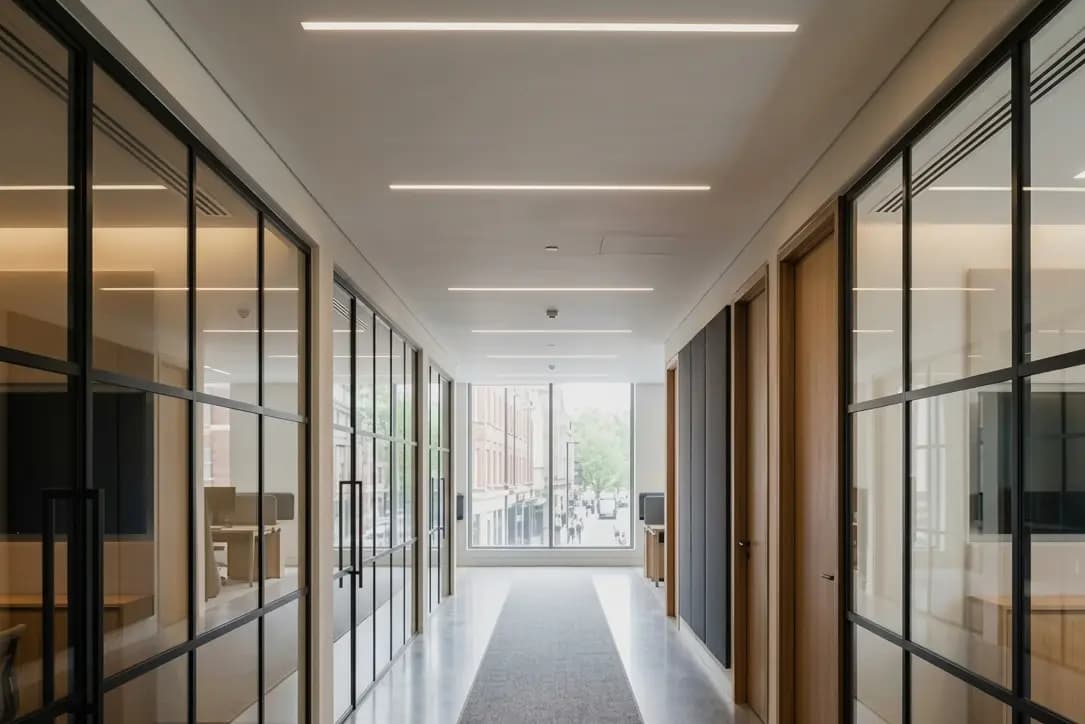 Glass partition corridor in completed commercial office interior