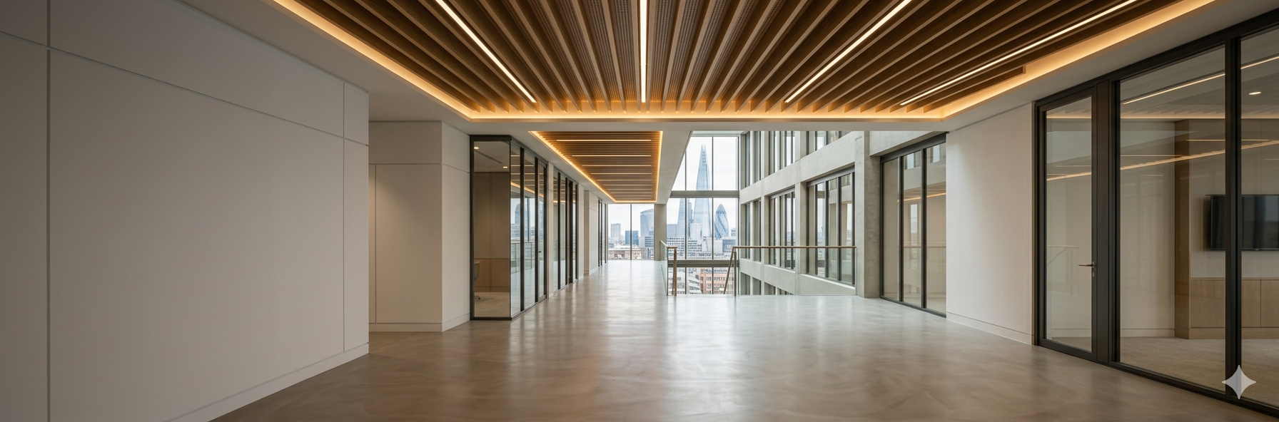 Premium commercial interior with timber slat ceiling, floor-to-ceiling glazing and city views — delivered by N&G Partitions