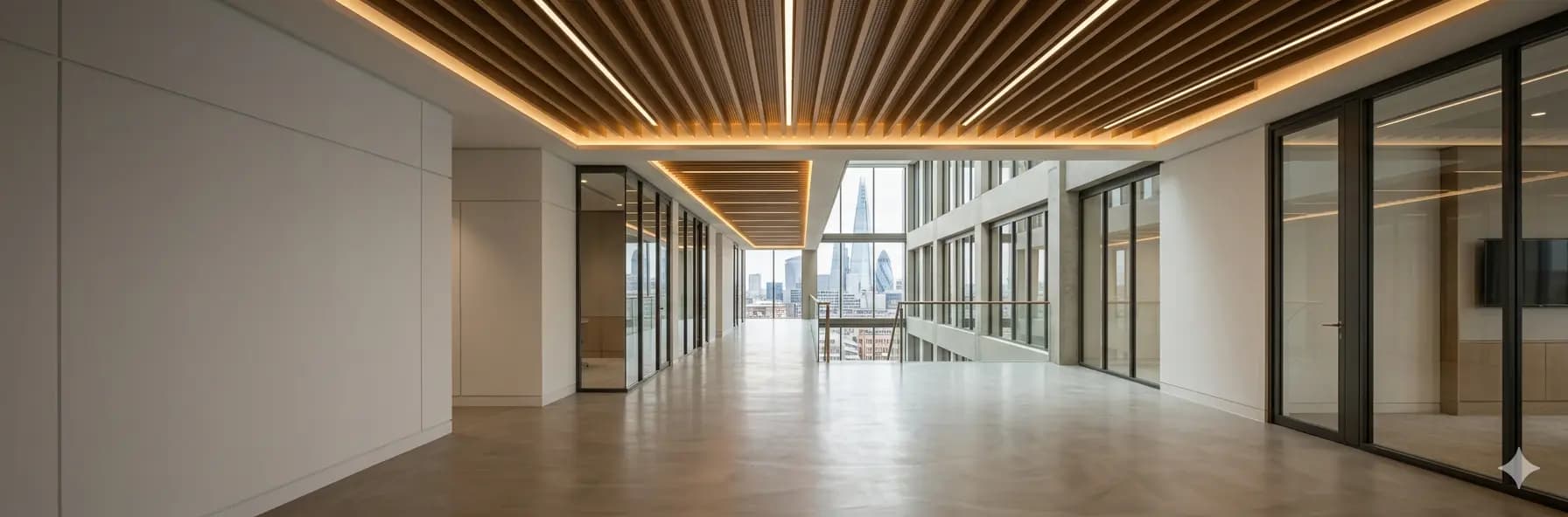 Premium commercial interior with timber slat ceiling, floor-to-ceiling glazing and city views — delivered by N&G Partitions