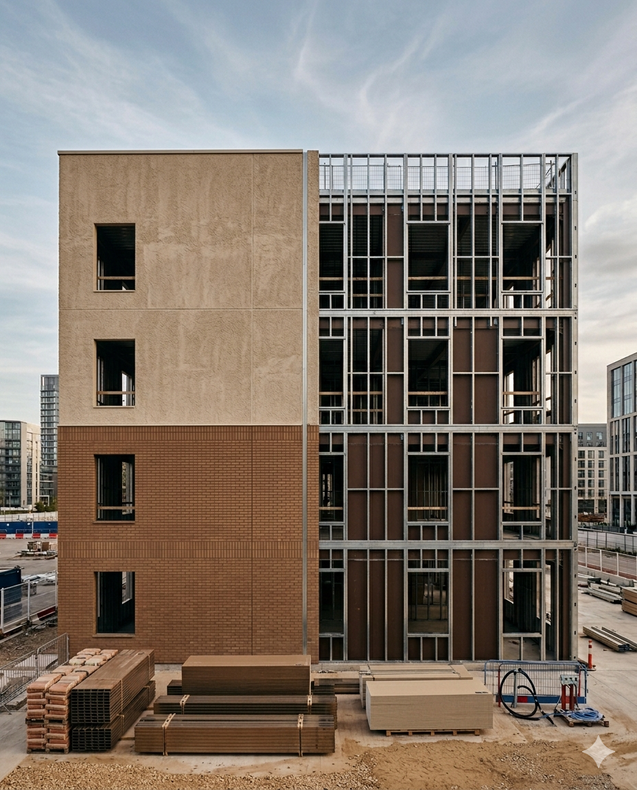Multi-storey commercial building with exposed steel framing system under construction