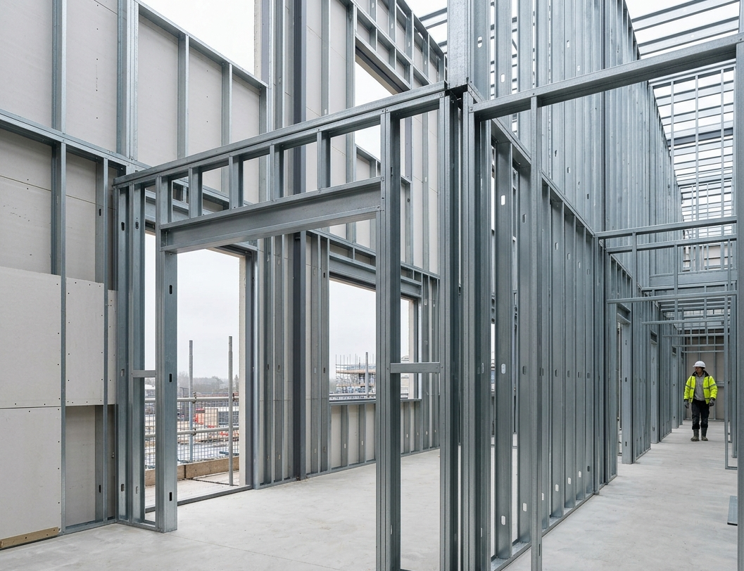 Steel structural framing system inside commercial construction site