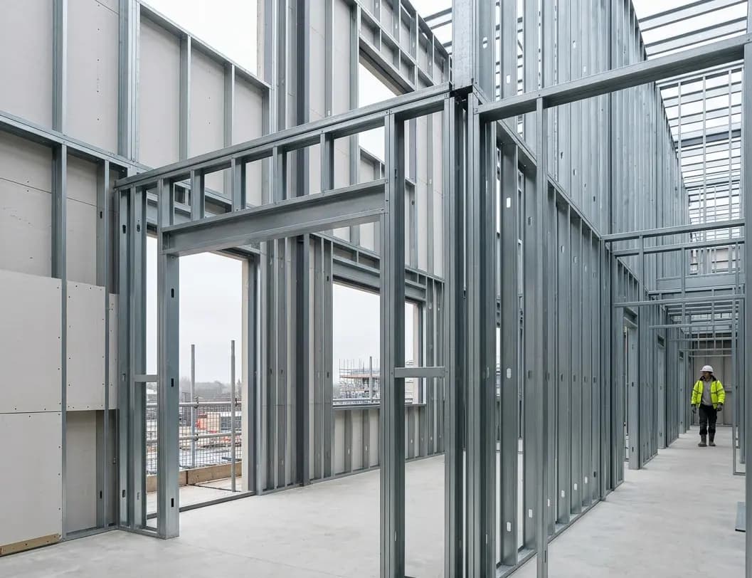 Steel structural framing system inside commercial construction site