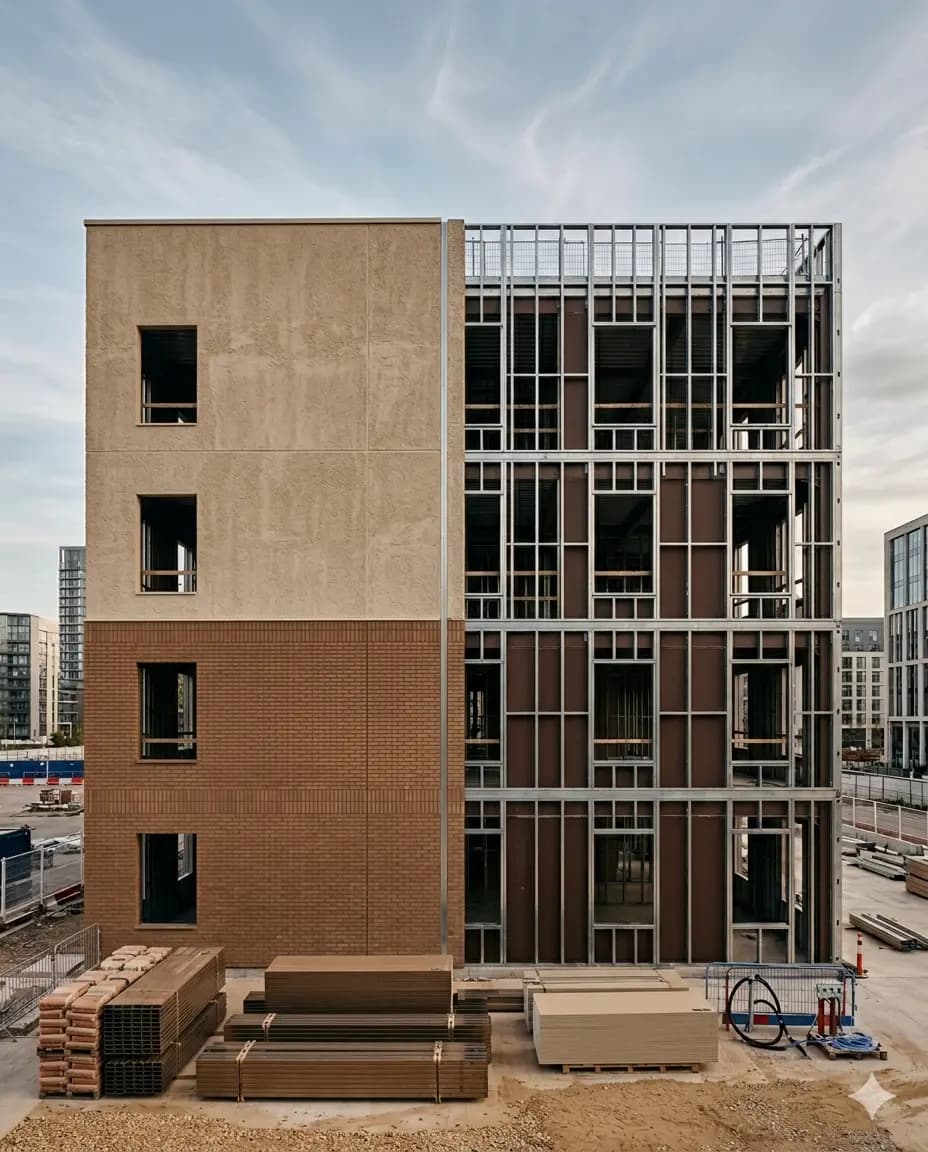 Multi-storey commercial building with exposed steel framing system under construction