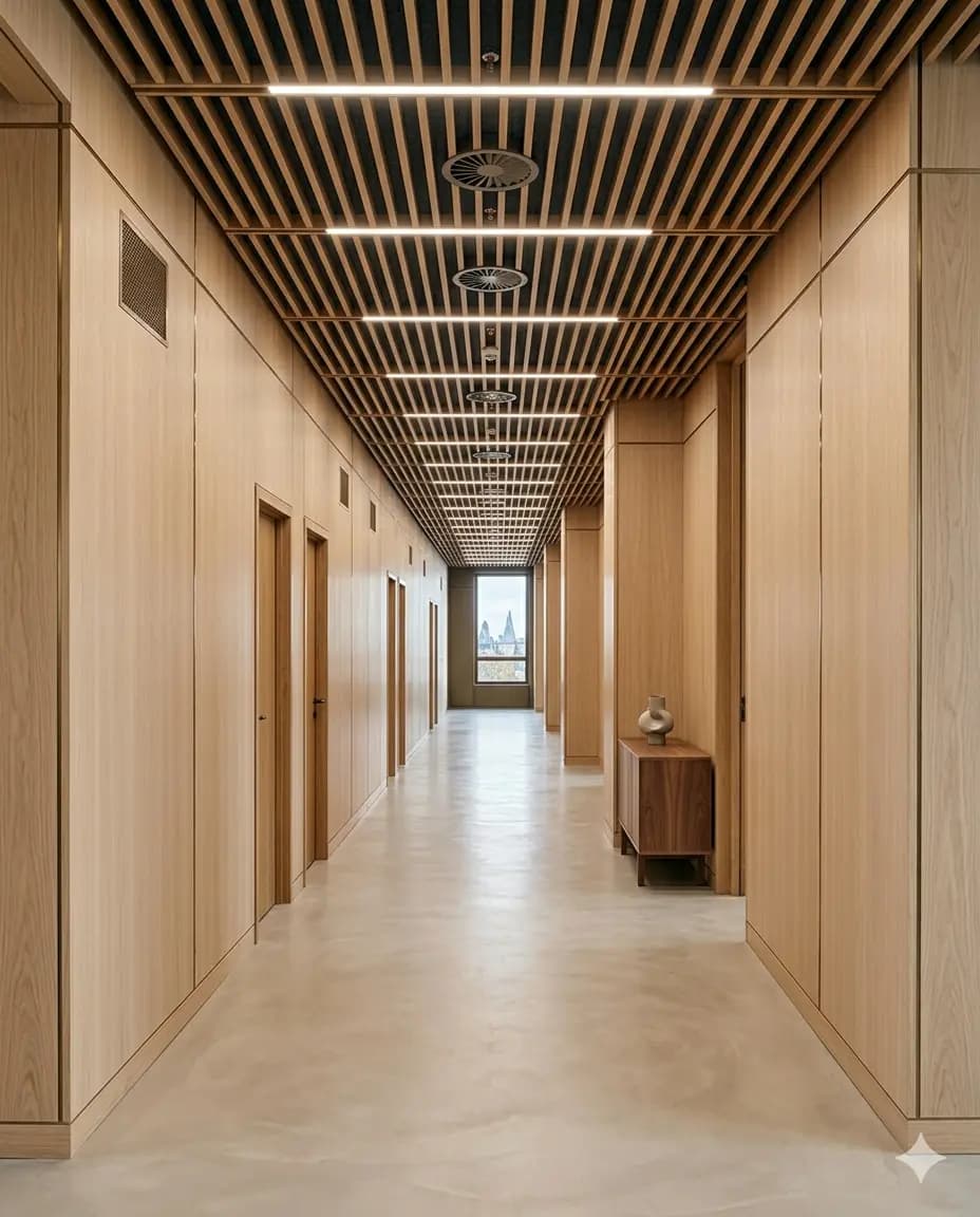 Premium commercial corridor with timber slat acoustic ceiling treatment and warm lighting
